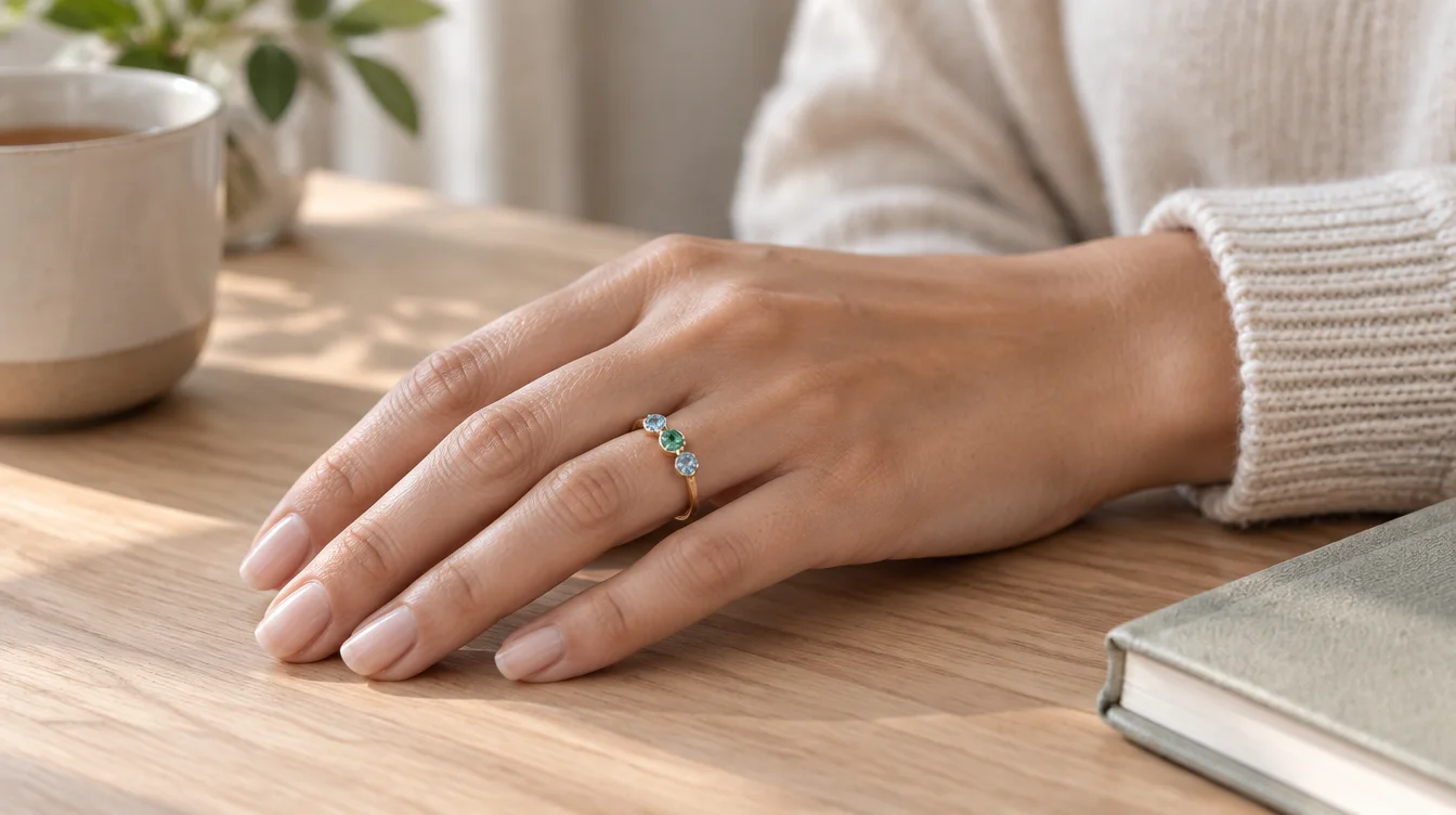 A hand wearing a gold family ring with three equal size blue, green, and blue stones