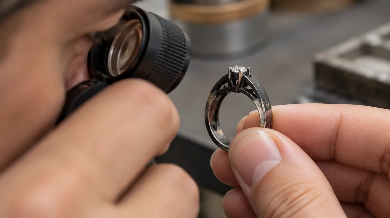 Jeweler using a loupe to inspect the underside and stone setting of a worn black rhodium ring.