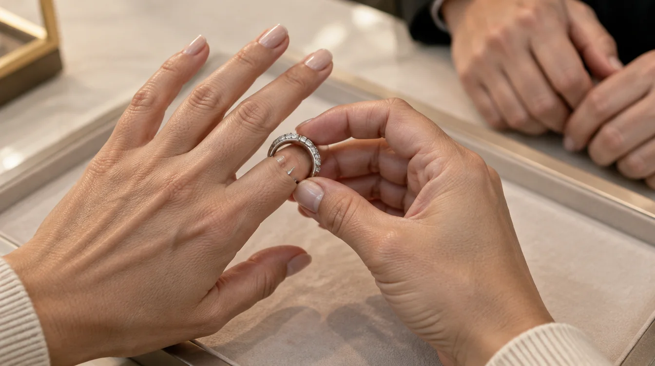 Customer independently removes an open hinged ring during a supervised fitting.