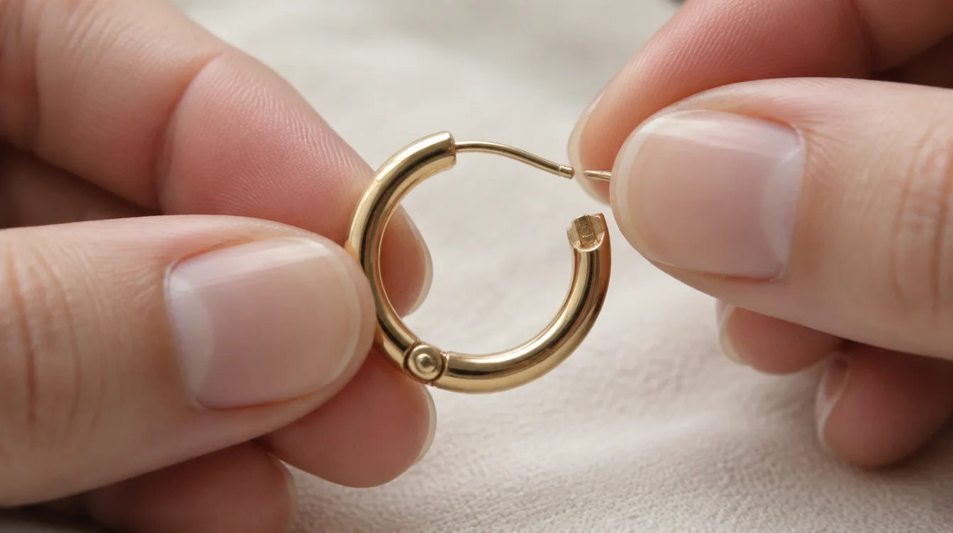 Hands support a hinged hoop as its post approaches the receiving latch above a soft cloth.