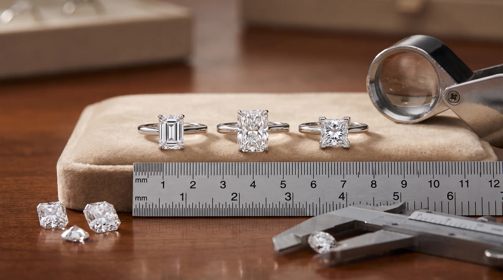 Radiant cut engagement rings compared by length to width ratio to show ideal proportions