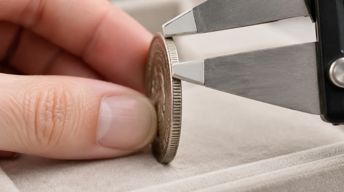 Caliper jaws lightly measure a coin’s rim thickness above a padded tray.