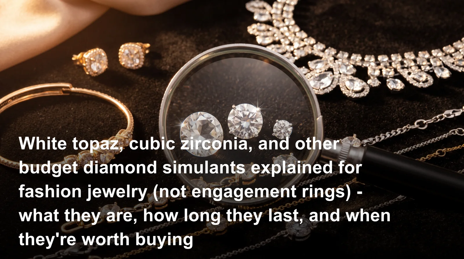 White topaz vs cubic zirconia vs diamond comparison showing sparkle and durability differences in fashion jewelry