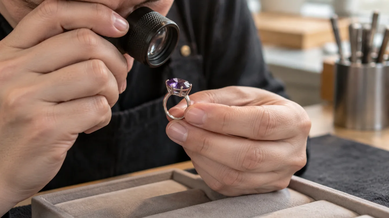 Jeweler using a loupe to examine the prongs of an amethyst ring above a padded counter.