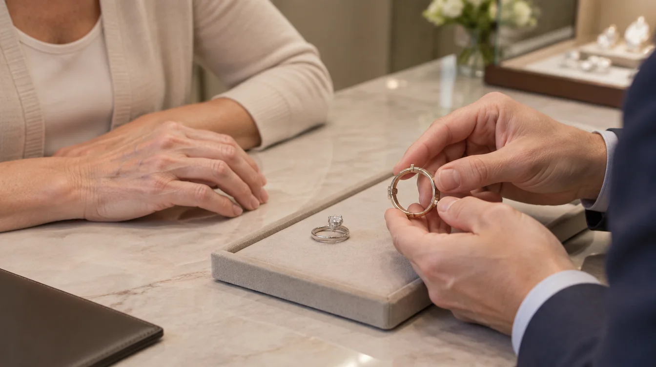 Customer and jeweler discuss an existing ring beside an open hinged ring sample.