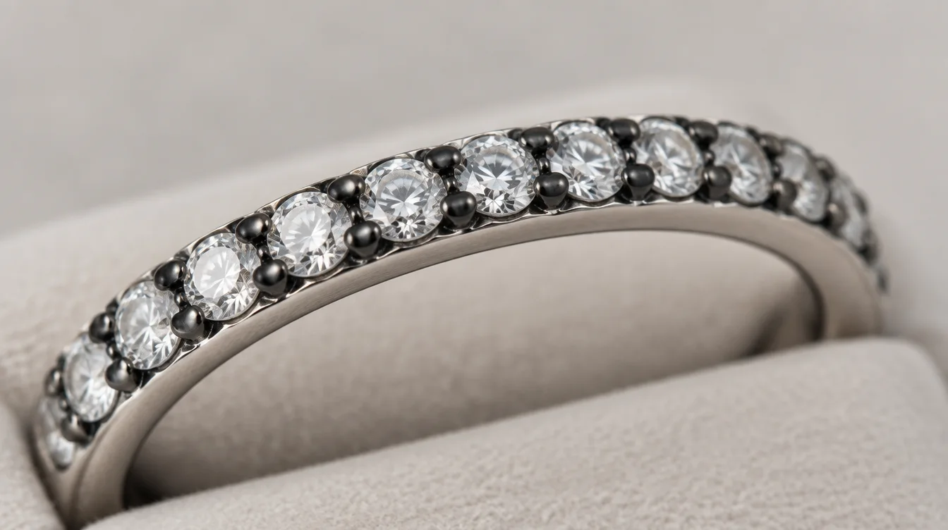 Macro view of white pavé diamonds outlined by dark setting beads and recesses beside a bright metal edge