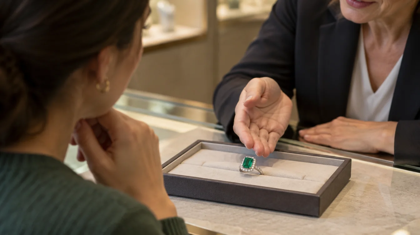 A jeweler discusses a green stone ring’s setting with a shopper before cleaning.