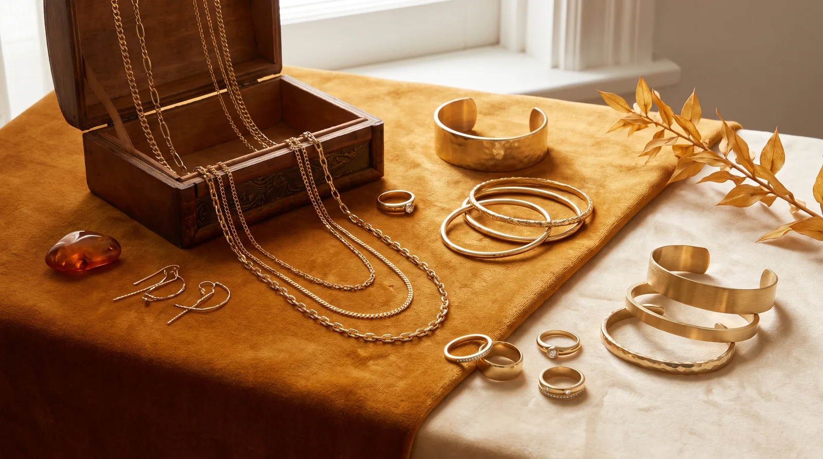 Woman layering gold necklaces, bracelets, and rings to show how to wear gold jewelry without clashing