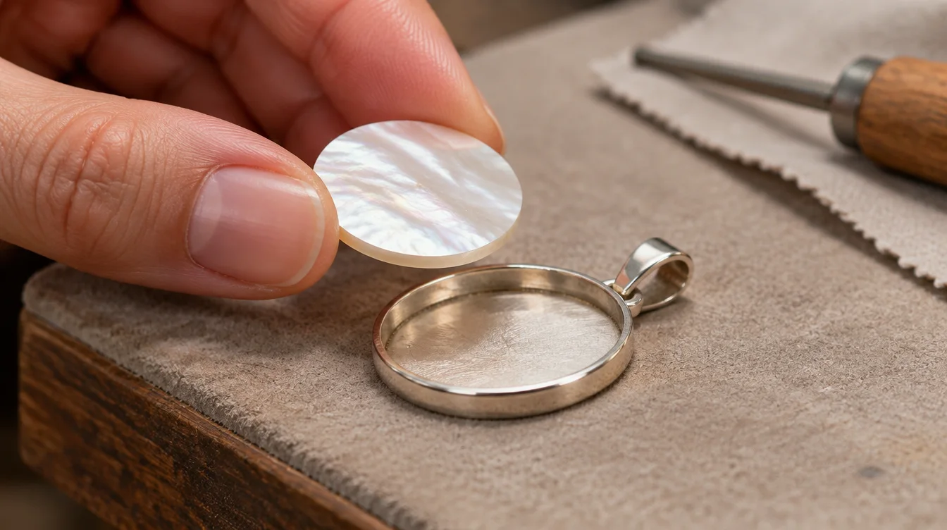 Maker aligning a precut mother of pearl disc above a pendant setting