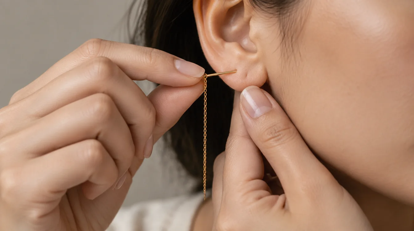 Fingers support a healed earlobe while guiding a threader’s smooth post into the piercing