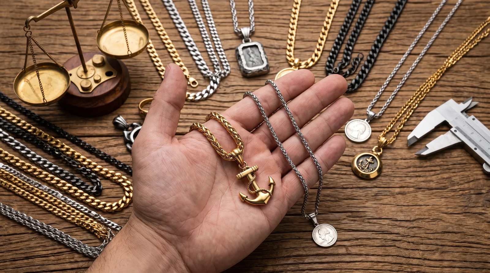 Chain thickness comparison chart showing gauge measurements against recommended pendant weights