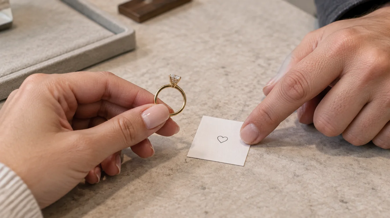 Buyer and jeweler comparing a tiny heart symbol proof with an unengraved gold engagement ring