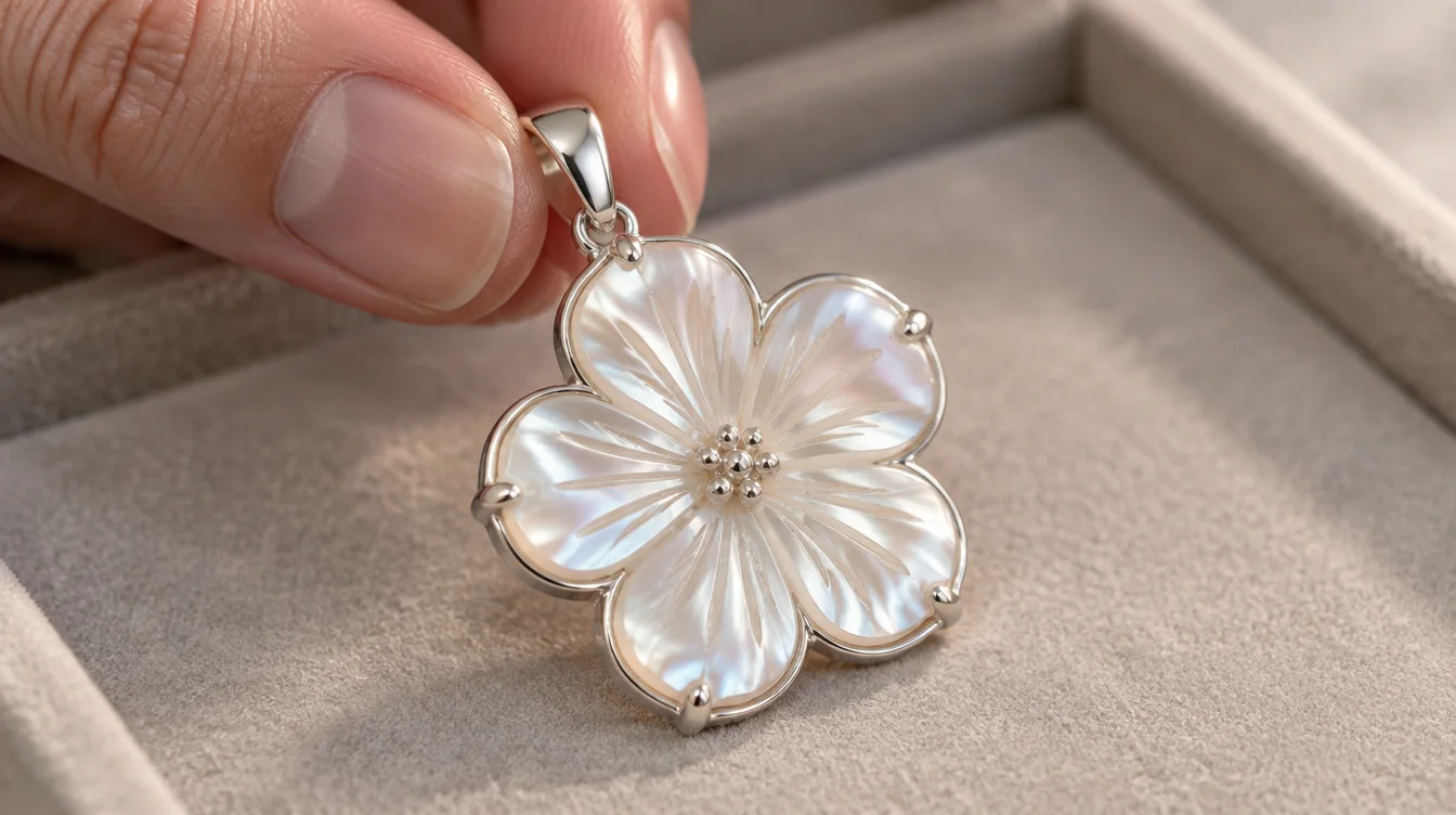 Close view of carved mother of pearl petals in a finished flower pendant