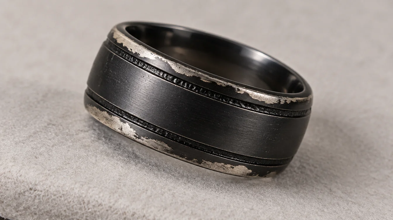Black rhodium ring with pale wear along the edges and dark coating remaining in engraved grooves.