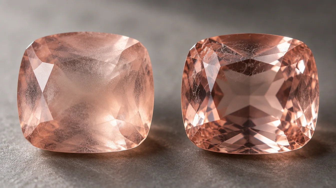 Magnified morganite facets comparing uniform buildup haze to fine surface scratches
