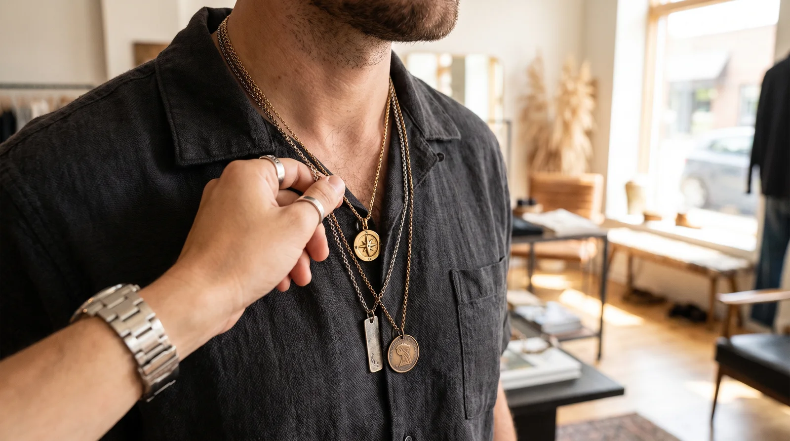 Pendant necklace styled with coordinating watch and other metal accessories