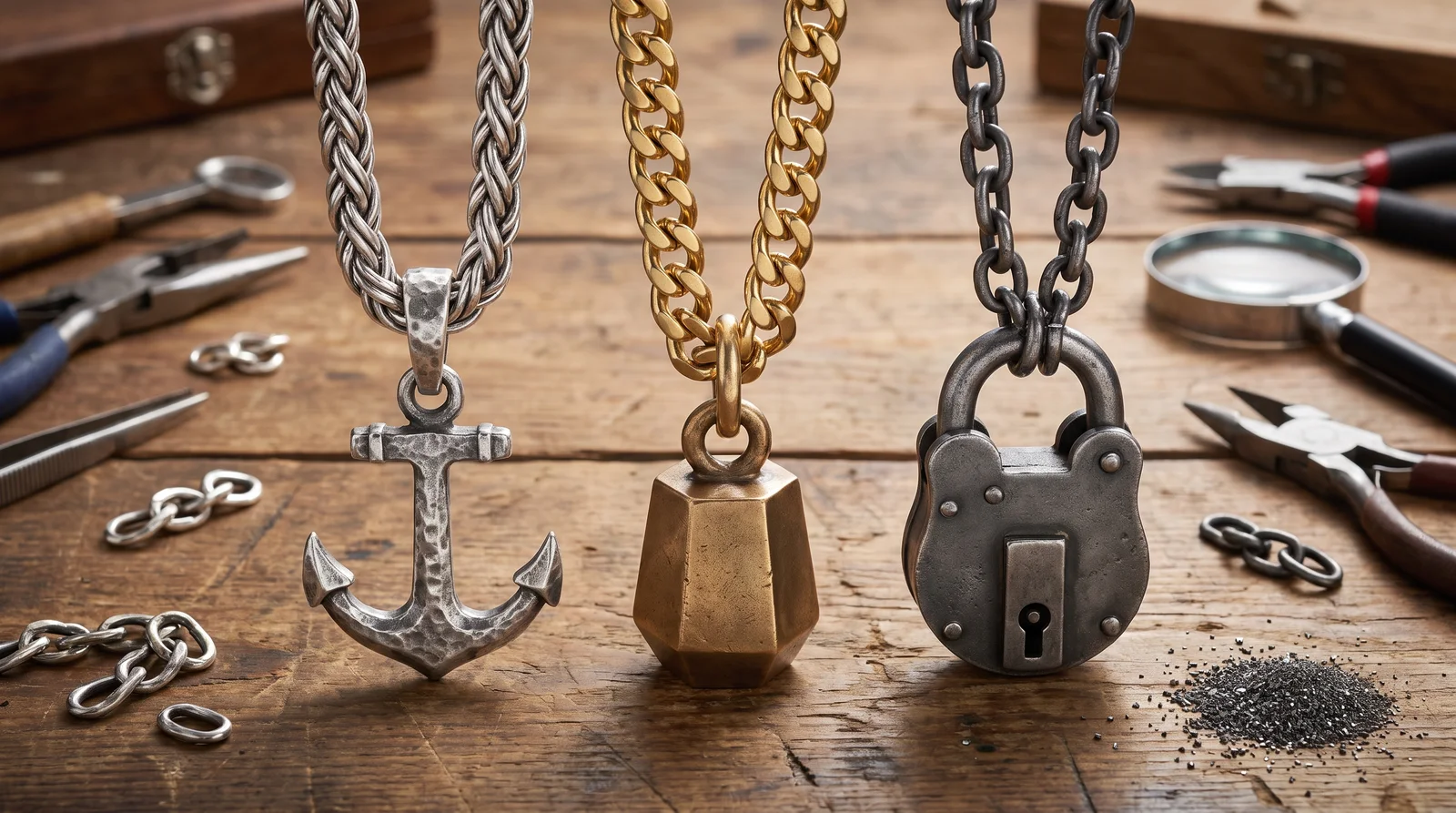Different metal types displayed to show durability and resistance to stretching under pendant load