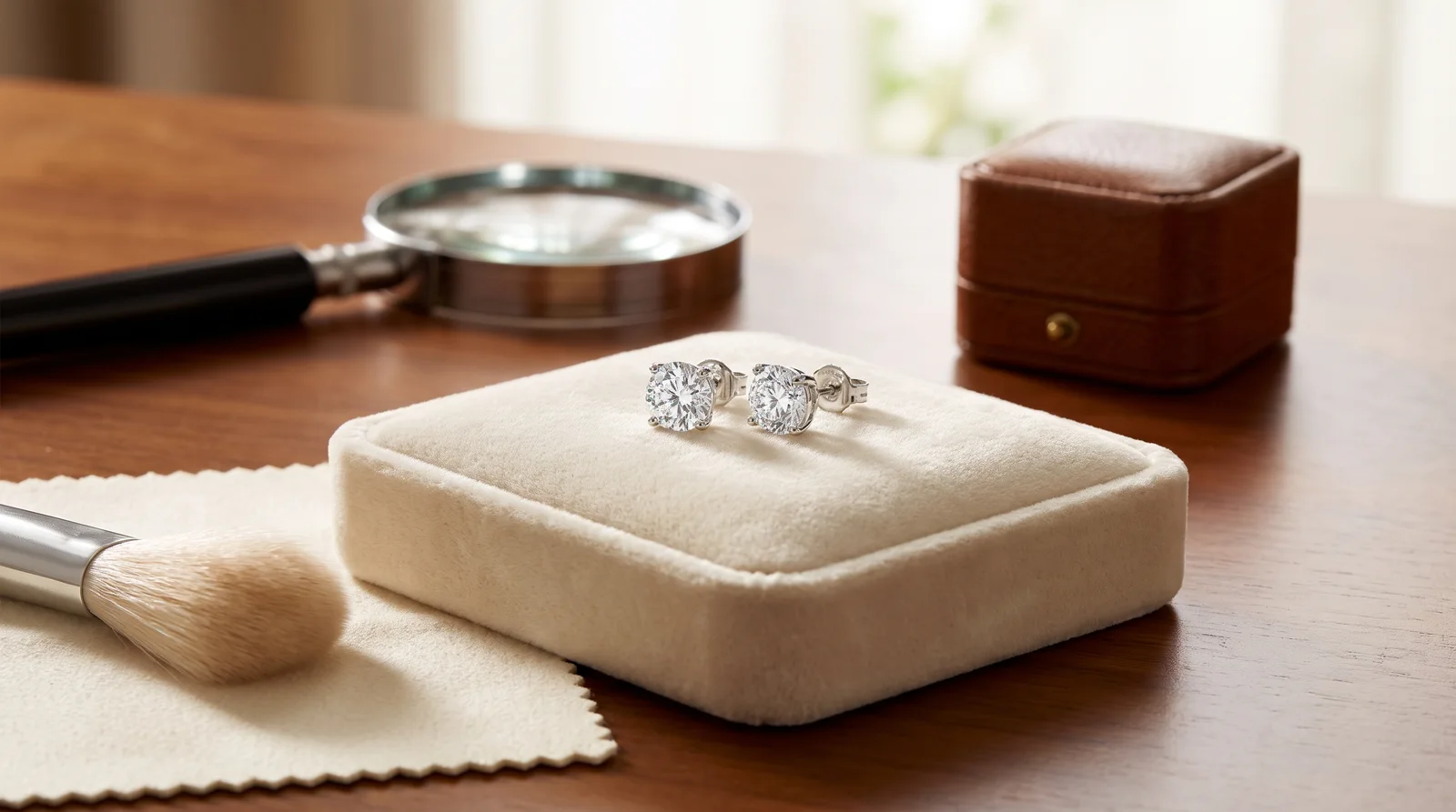 White gold diamond stud earrings showing rhodium plating and metal surface detail