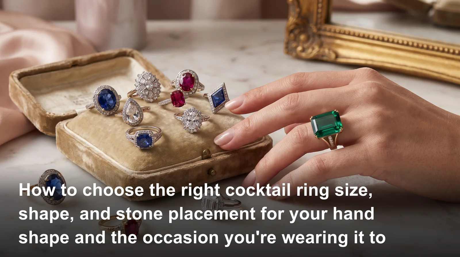 Woman's hand modeling an oversized gemstone cocktail ring, showing how to choose a cocktail ring for hand shape