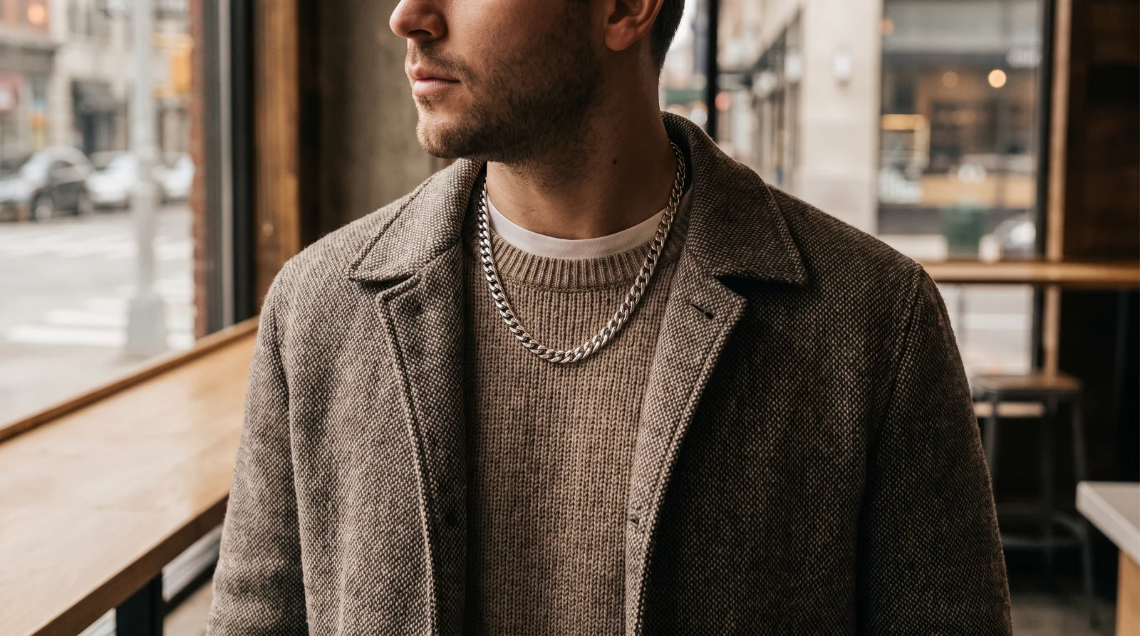 Man layering mens silver chain necklaces with rings and bracelets for a complete everyday jewelry look