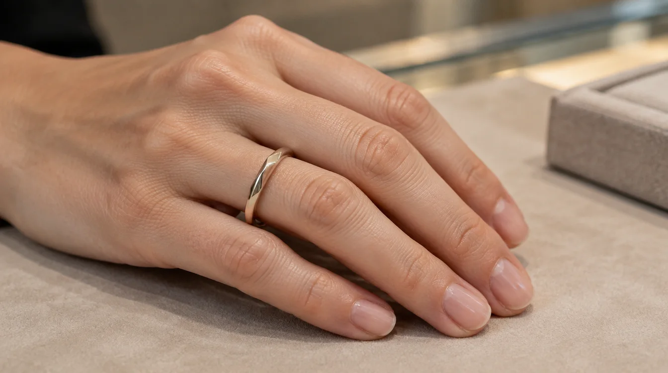 Knife edge band on a relaxed ring finger beside the middle finger and pinky