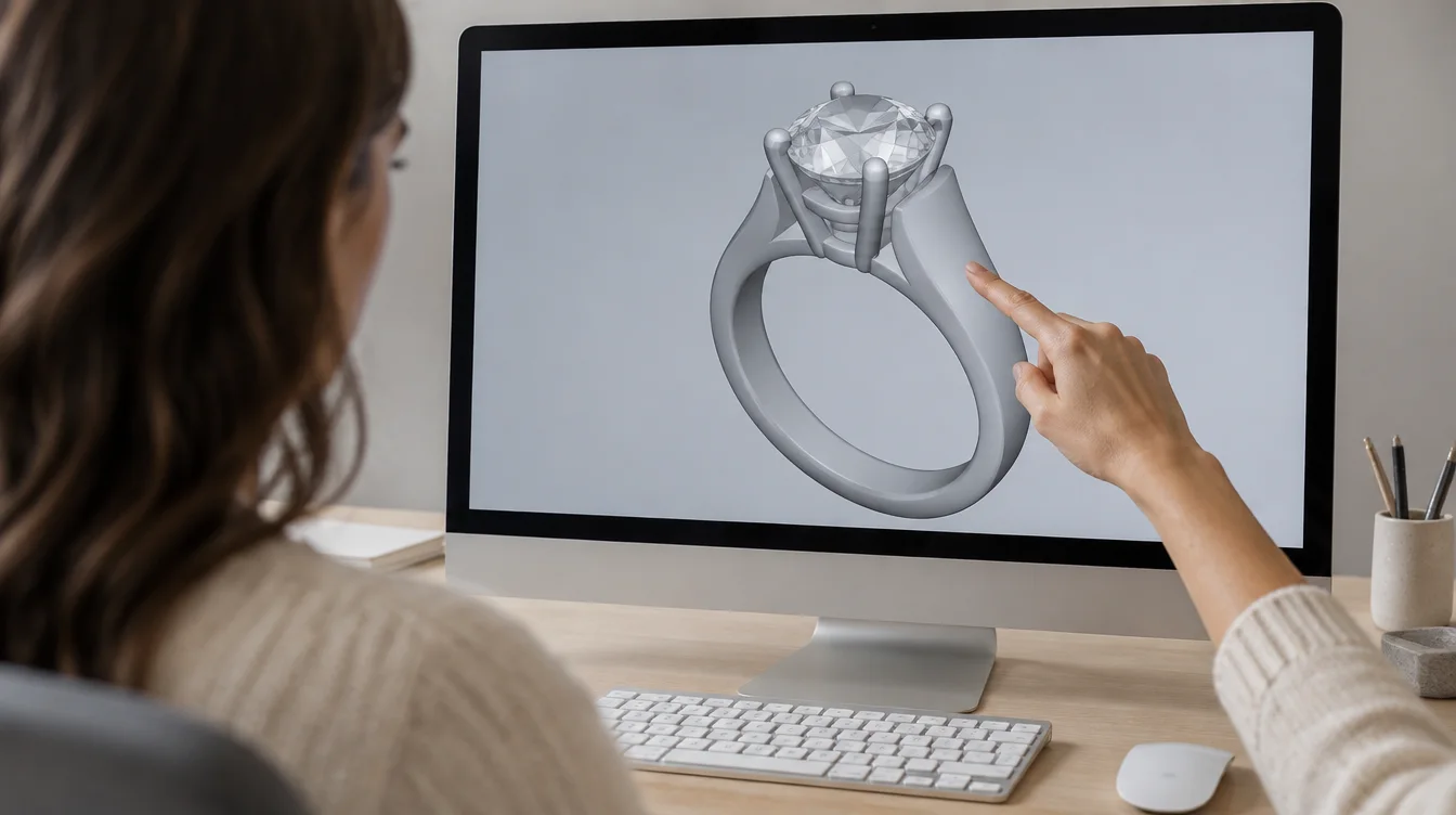 Buyer points to a bulky shoulder on an enlarged custom ring CAD preview.