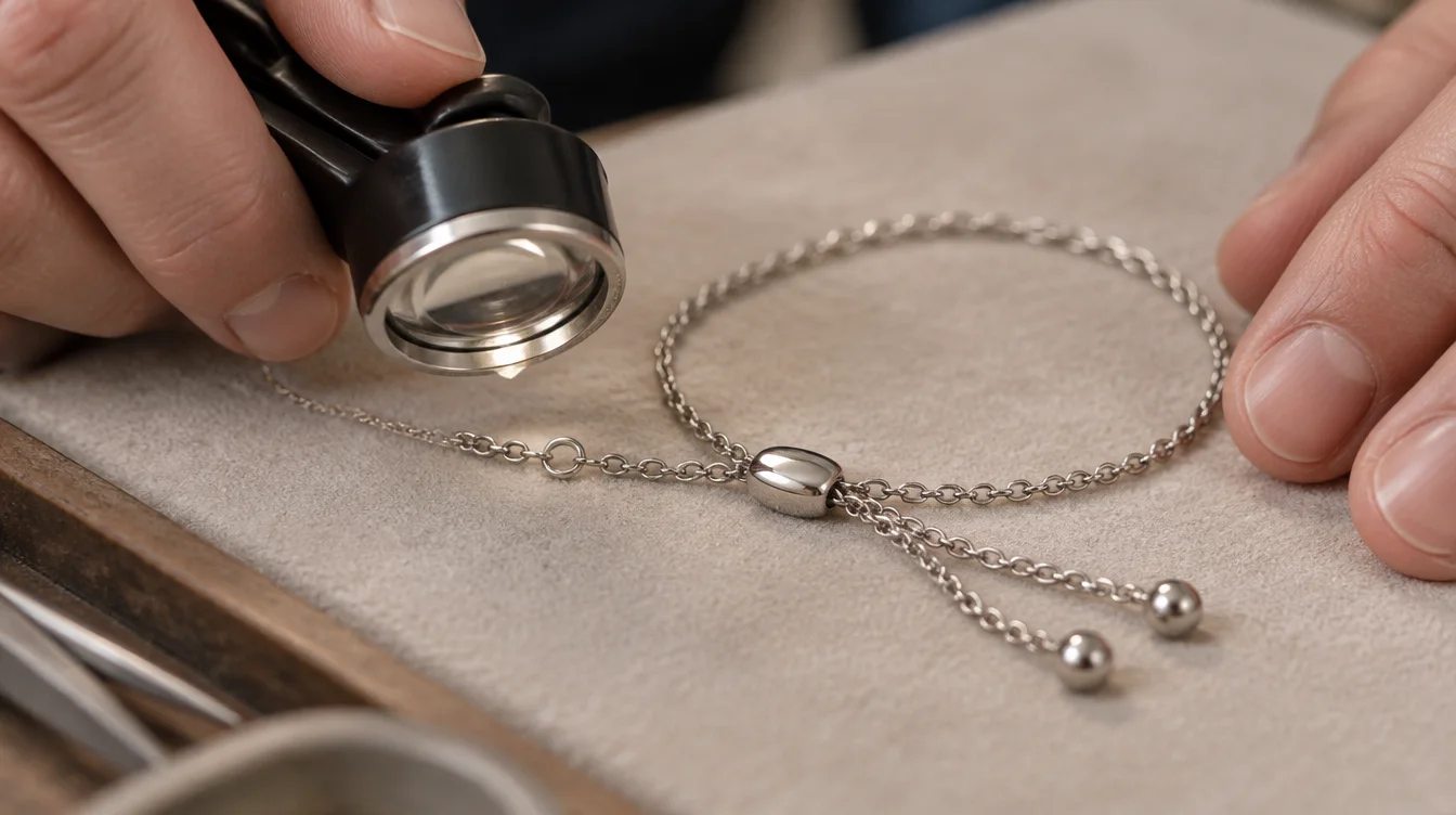Jeweler inspecting a separated chain link beside a bolo bracelet’s closed sliding clasp.