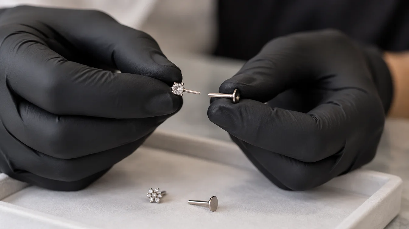 Piercer gently guides a threadless top’s pin into its post outside the ear.