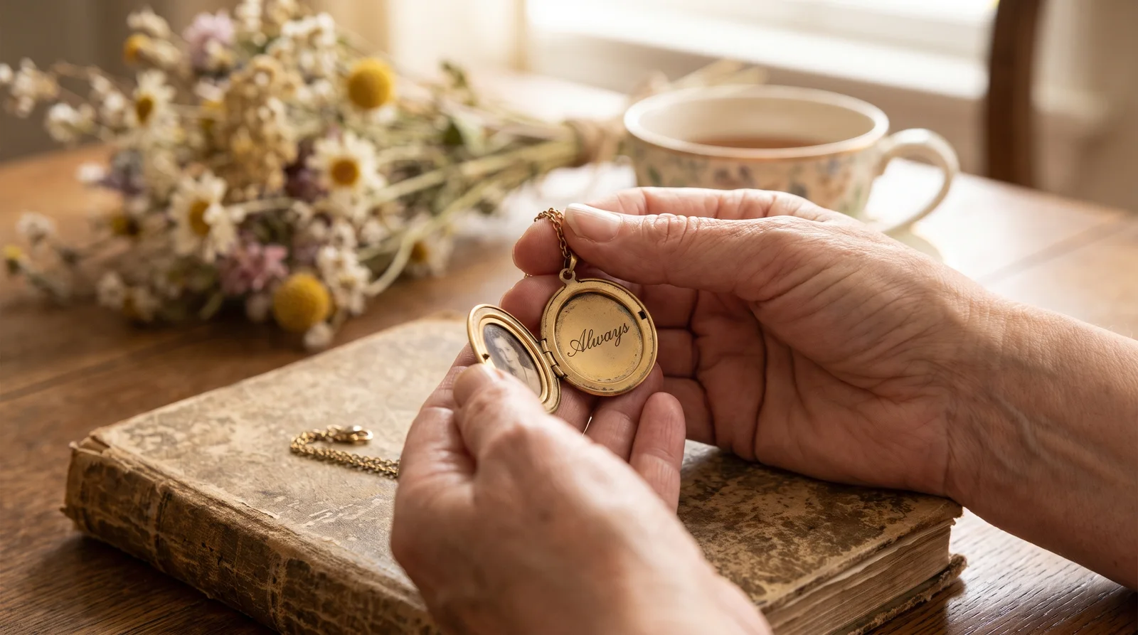 Memorial necklace with engraved script, showing what to engrave on a necklace for mom in loving memory