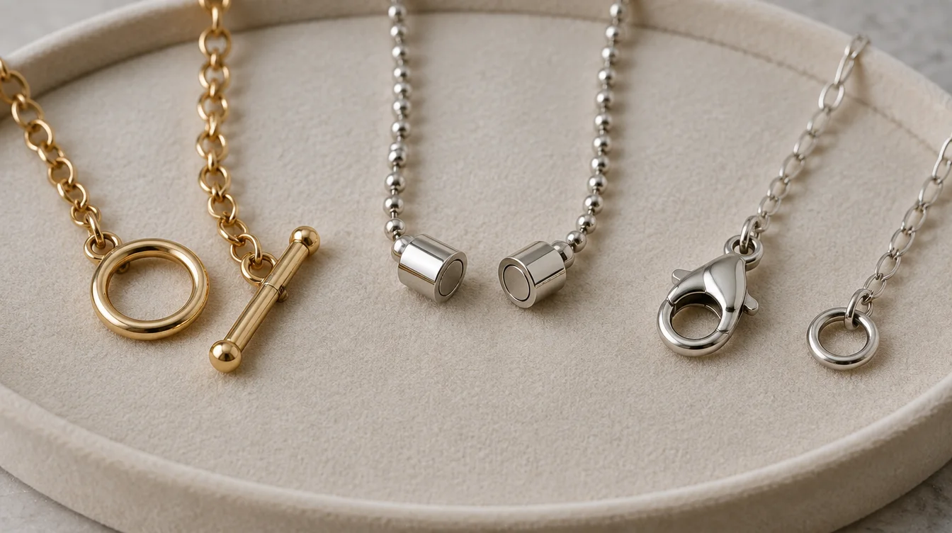 Toggle, magnetic, and large lobster necklace clasps resting open or separated on one jewelry tray.