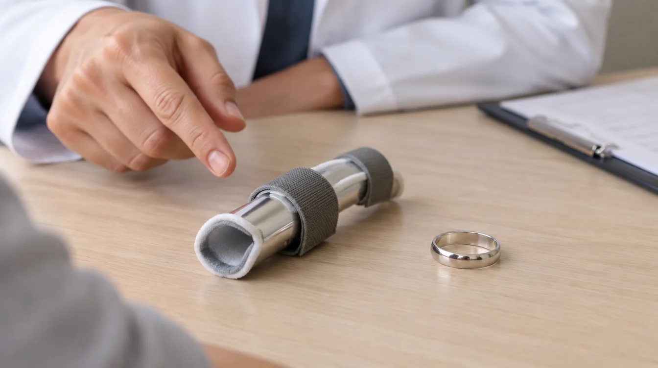 A clinician points to a rigid finger splint beside a decorative silver band.