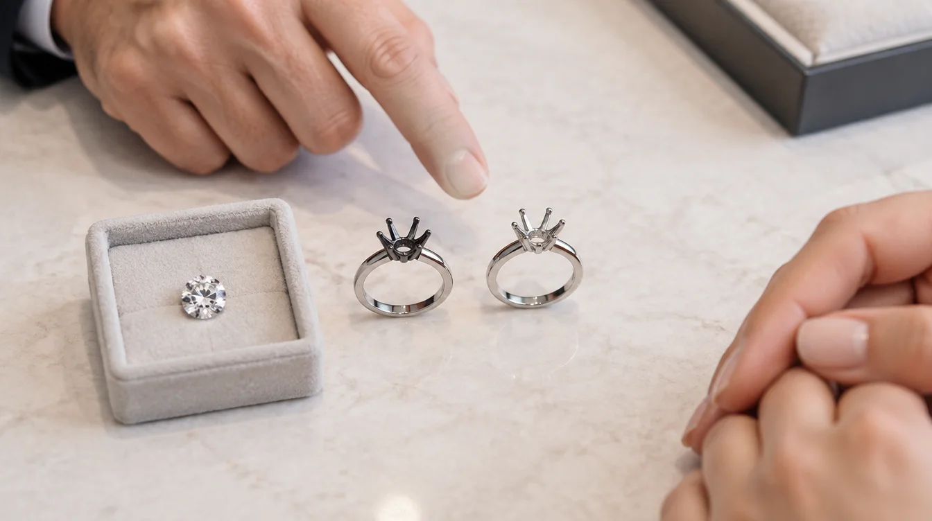 One loose diamond beside matching dark and bright sample heads during a jewelry consultation