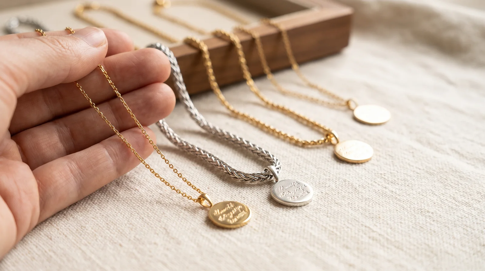 Close-up of various chain thicknesses paired with pendant designs for text clarity.