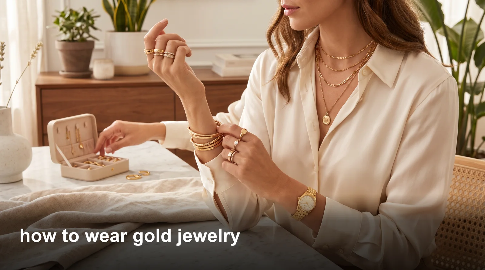 Woman styling layered gold necklaces and rings, demonstrating how to wear gold jewelry with everyday outfits