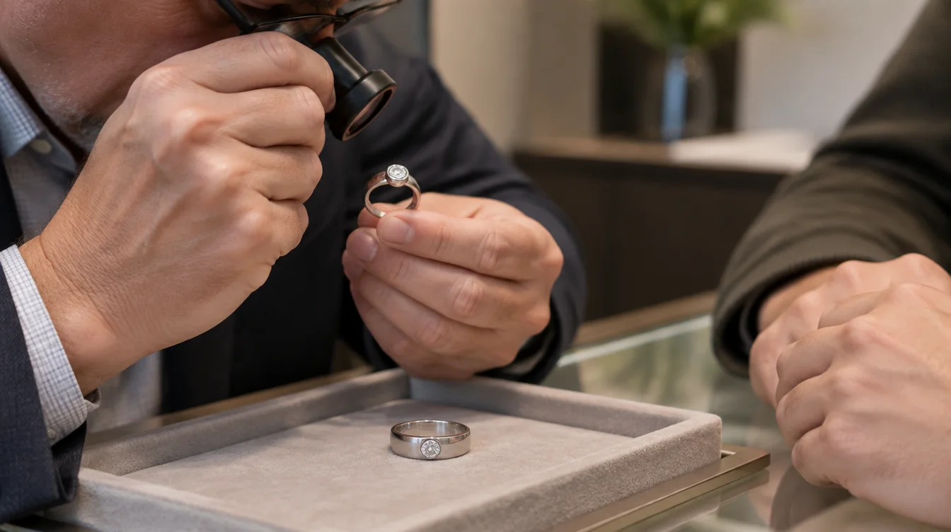 A jeweler examines a bezel diamond band with a loupe while a buyer watches across the counter.