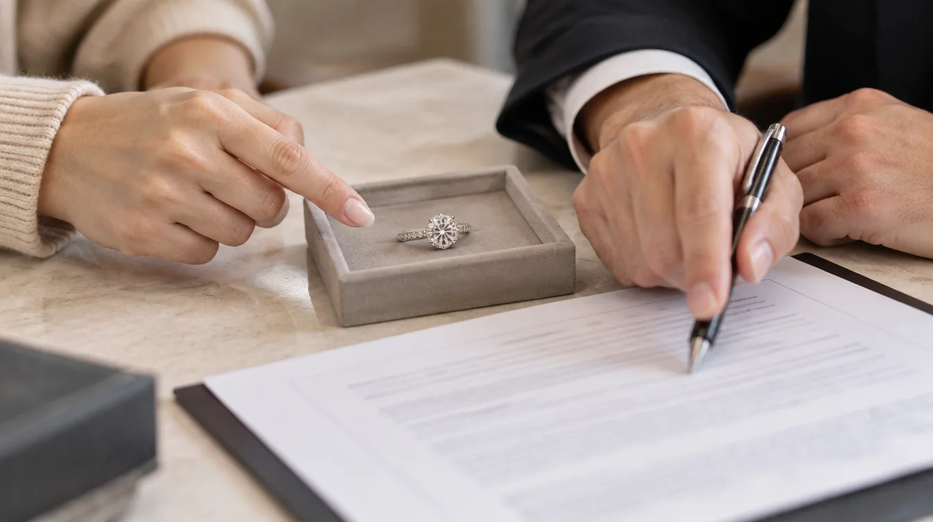 Buyer and seller review paperwork beside a diamond ring in a presentation tray.
