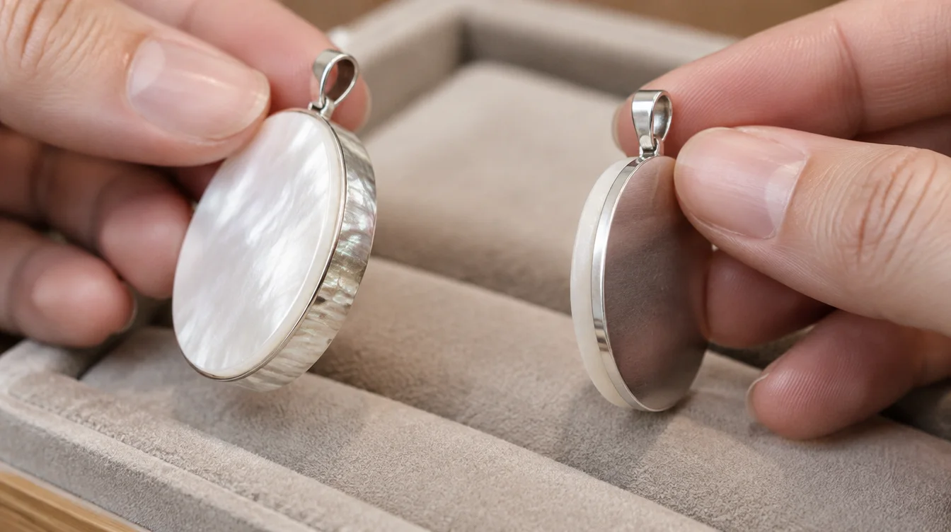 Angled views of two shell pendants showing a thicker shell edge and a separate backing