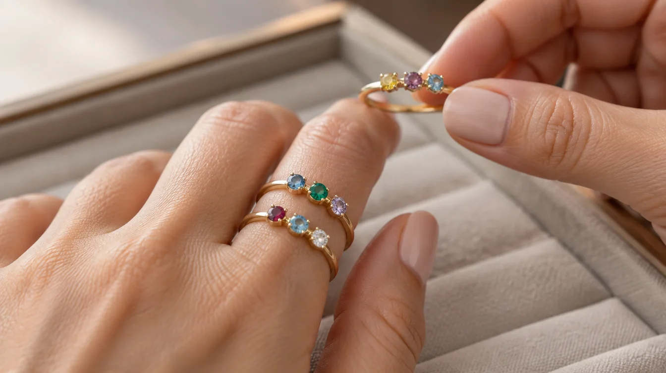 A wearer with two birthstone bands holding a third sample ring above the same fingertip