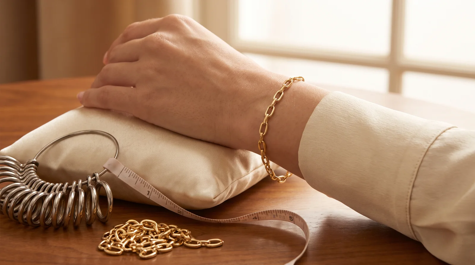 18k gold bracelet on wrist showing proper sizing and fit for daily wear