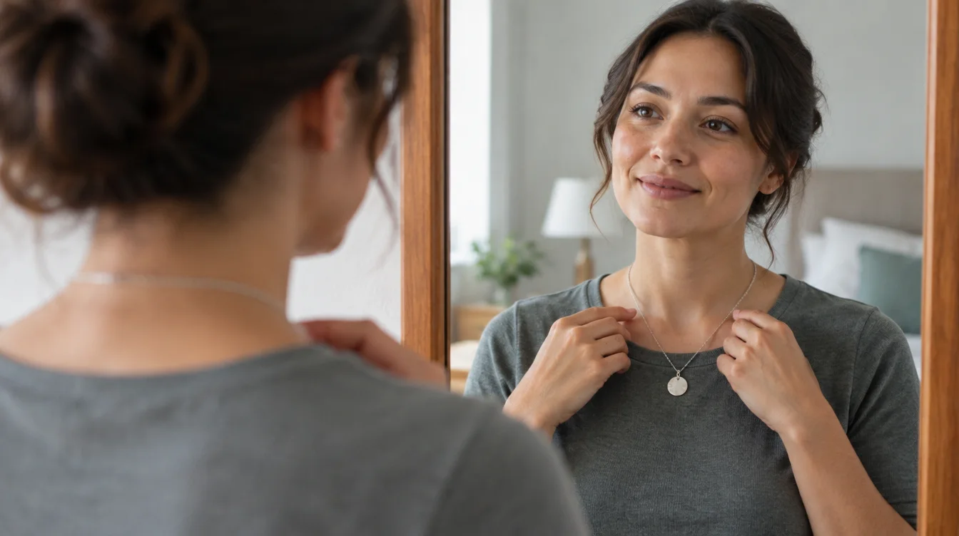 An adult centres a silver pendant while checking its appearance in a mirror.