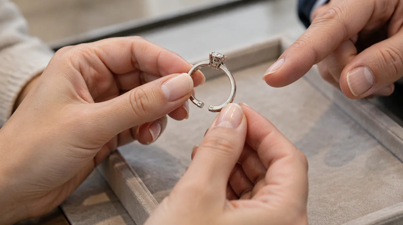 Customer practises opening a hinged ring sample while a jeweler observes.