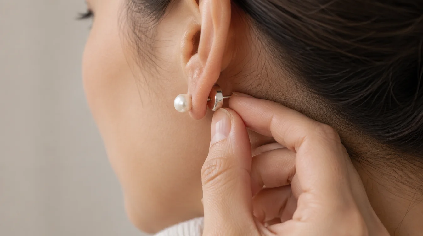 Fingertips gently check a broad earring back behind a healed earlobe.