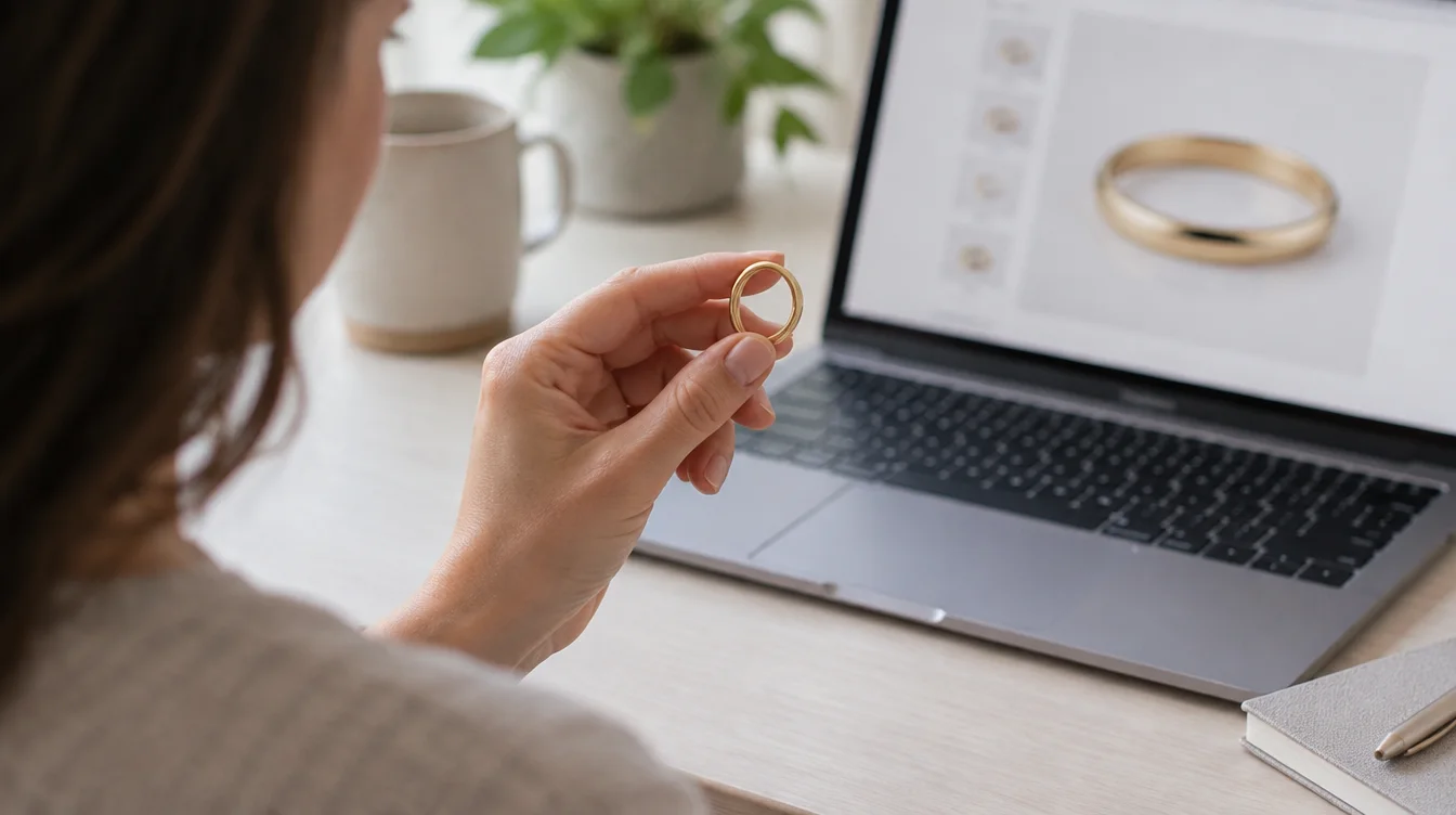Shopper holds a plain ring beside a laptop showing a ring product photograph.