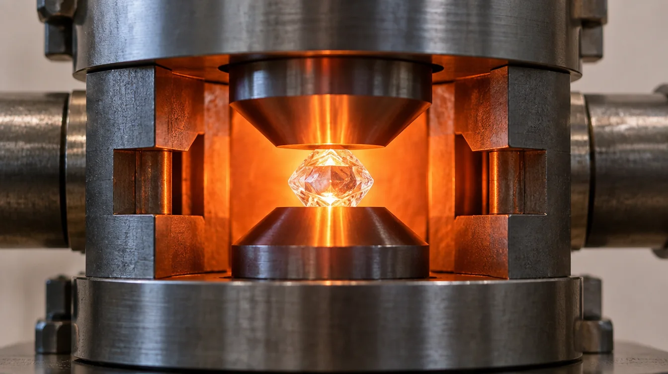 High-pressure HPHT treatment chamber with finished diamond crystal positioned inside