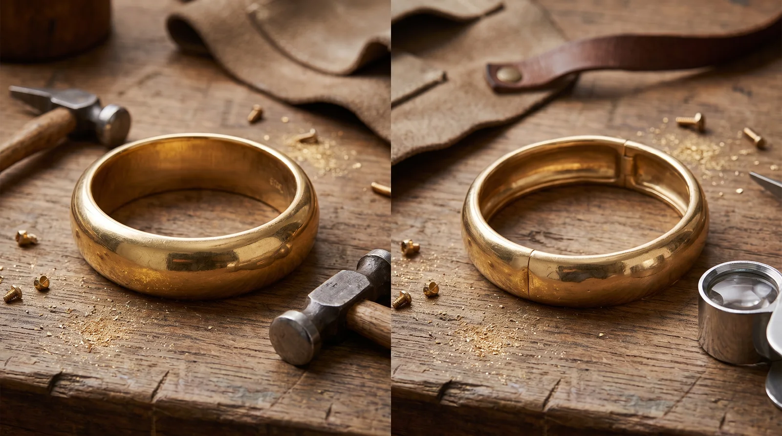 Comparison of solid and hollow gold bangle construction showing cross-section differences