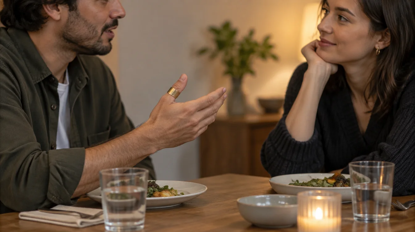 A thumb ring wearer shows the band while talking with another person at dinner