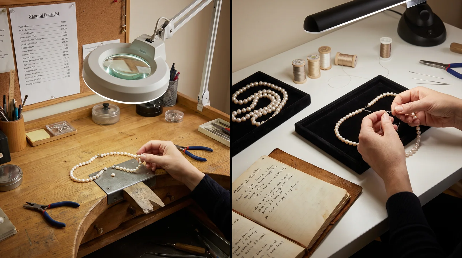 Jeweler examining pearl necklace with restringing tools at workbench