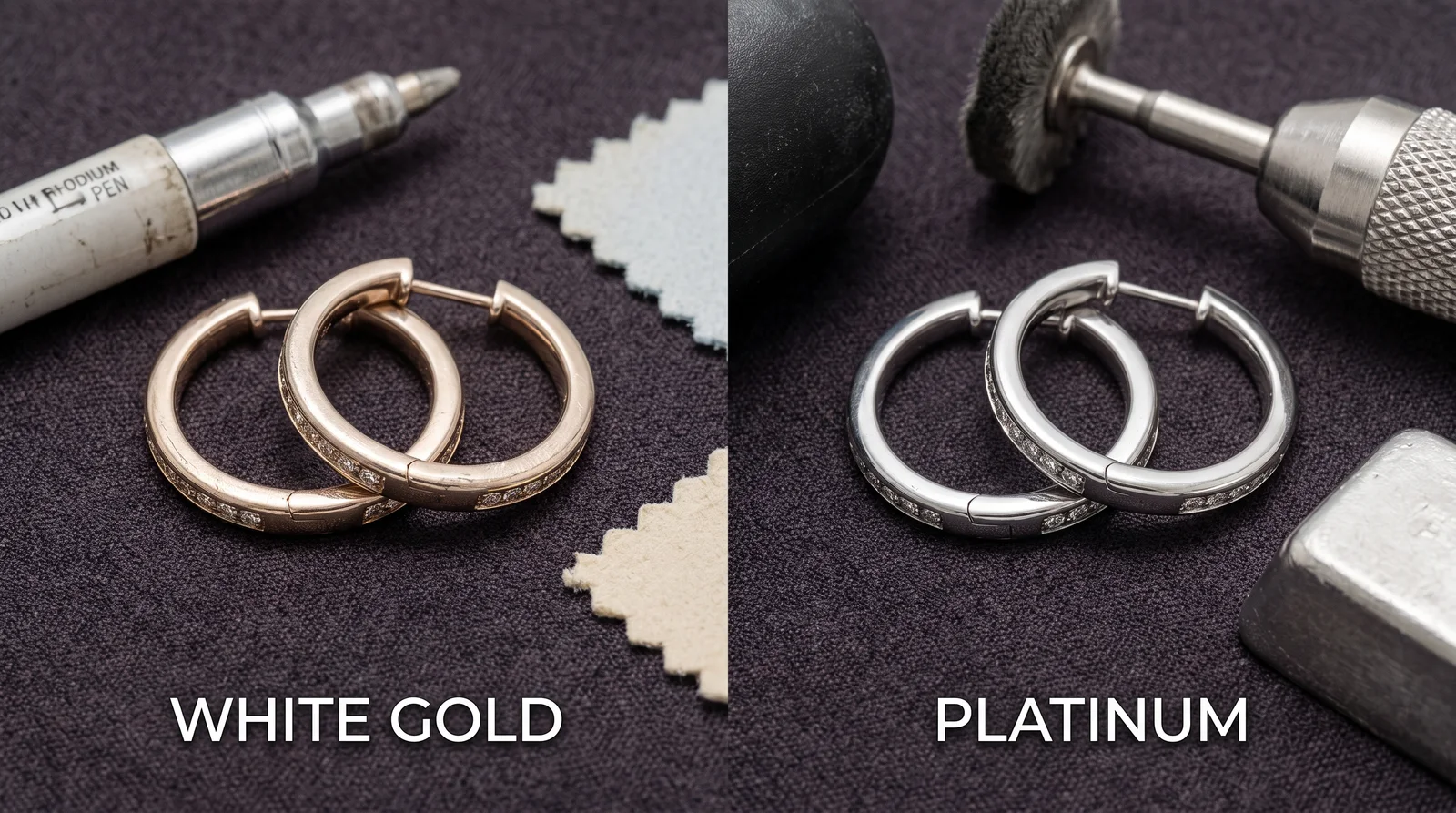 White gold and platinum earring settings side by side for durability comparison
