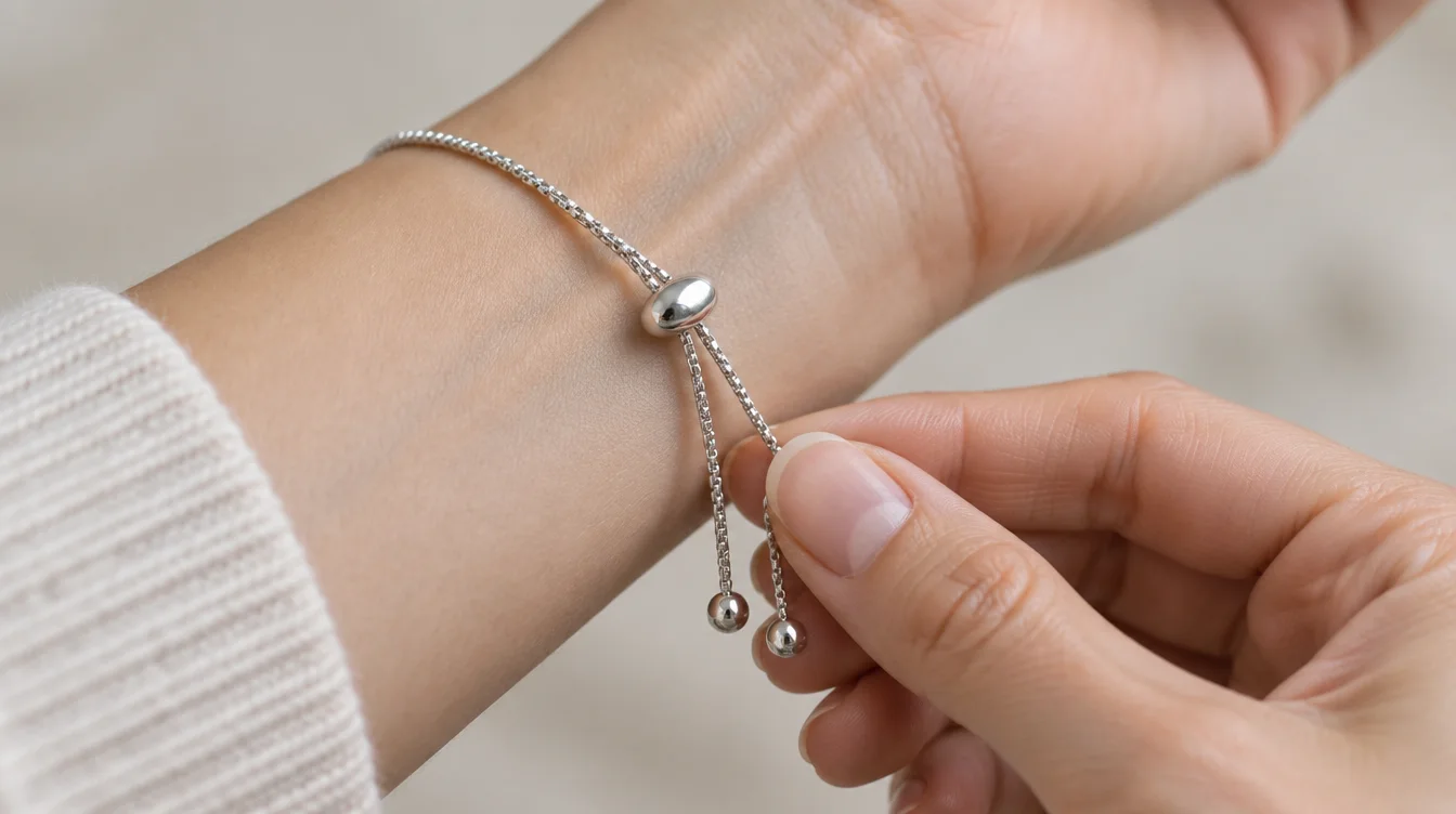 Fingers gently holding both chain tails beside a bolo bracelet’s sliding clasp on a wrist.