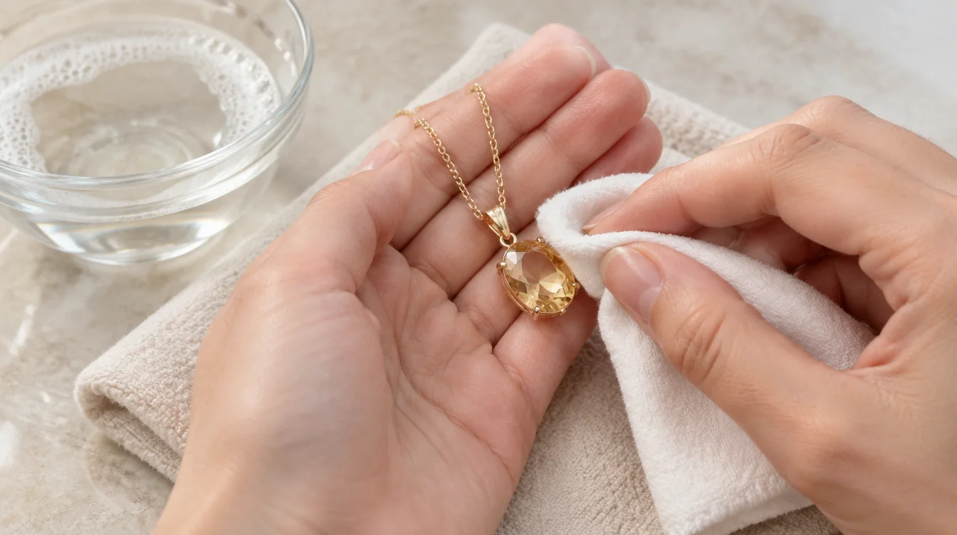 Hands gently wiping an uncoated topaz pendant beside a bowl of mildly soapy water